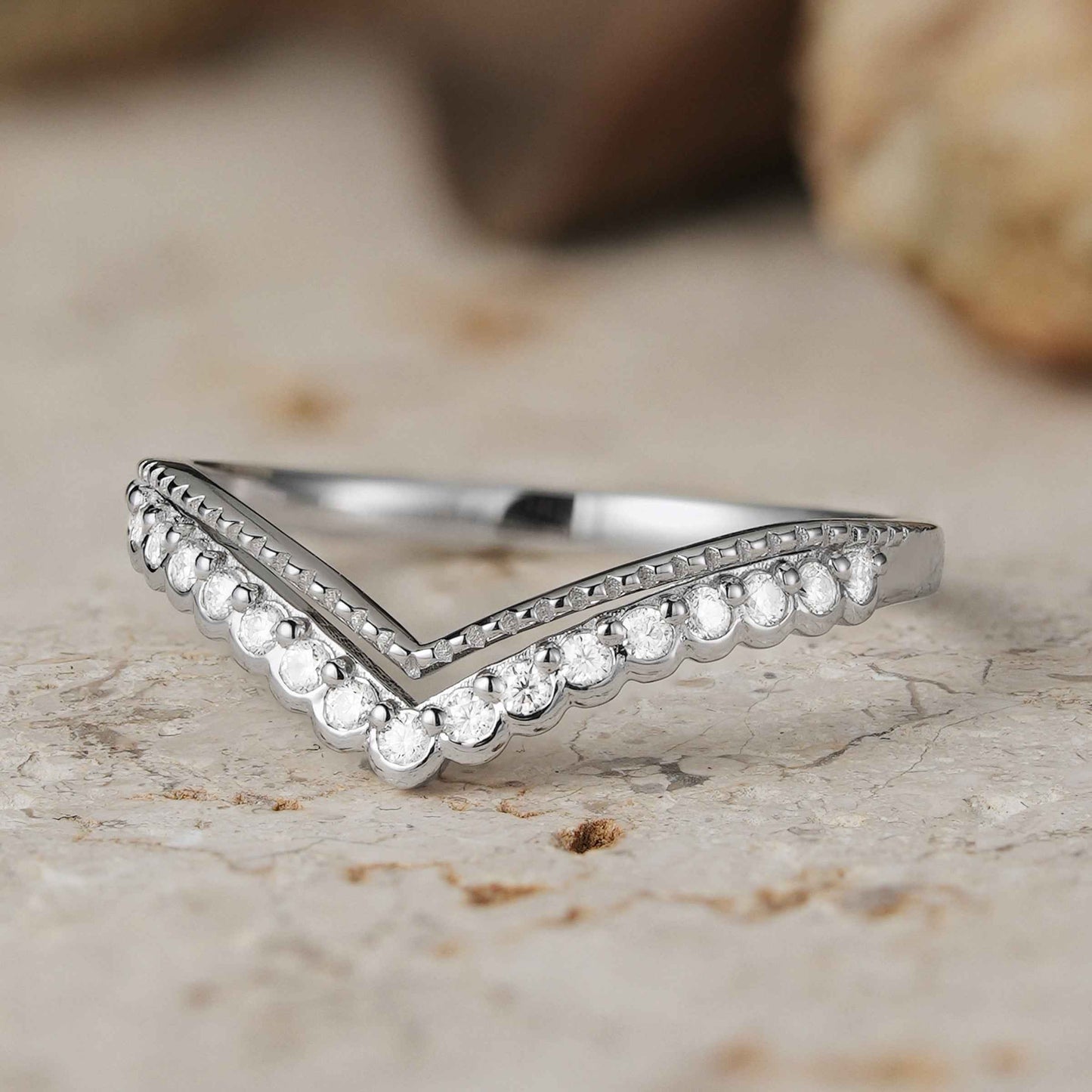 Classic V-Curved Round Moissanite 14k Solid Gold Stacking Ring
