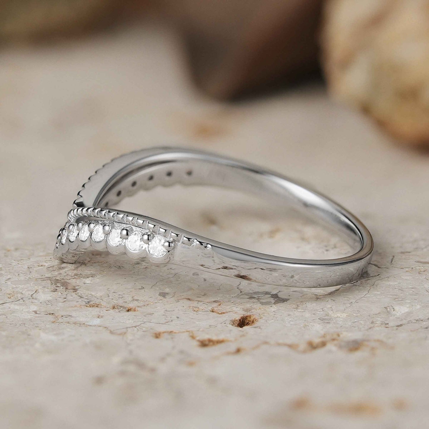 Classic V-Curved Round Moissanite 14k Solid Gold Stacking Ring