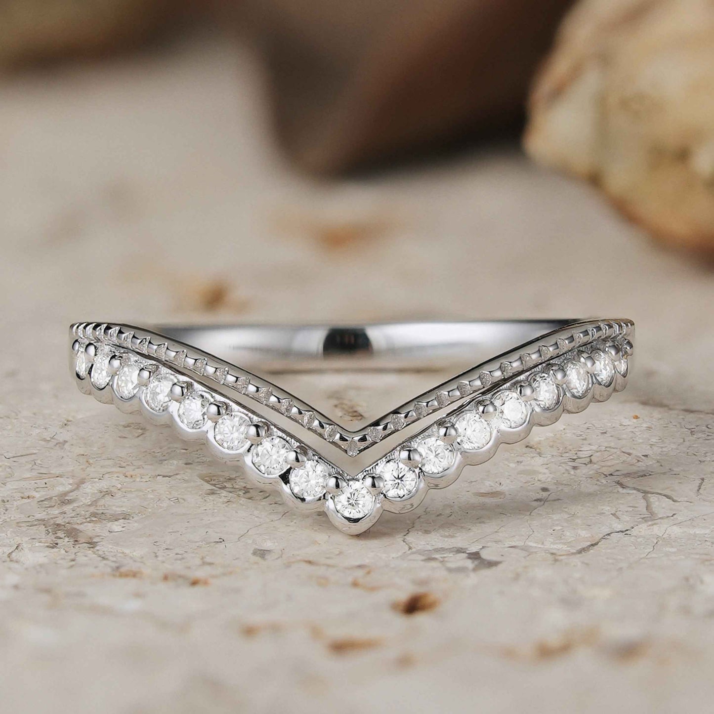 Classic V-Curved Round Moissanite 14k Solid Gold Stacking Ring