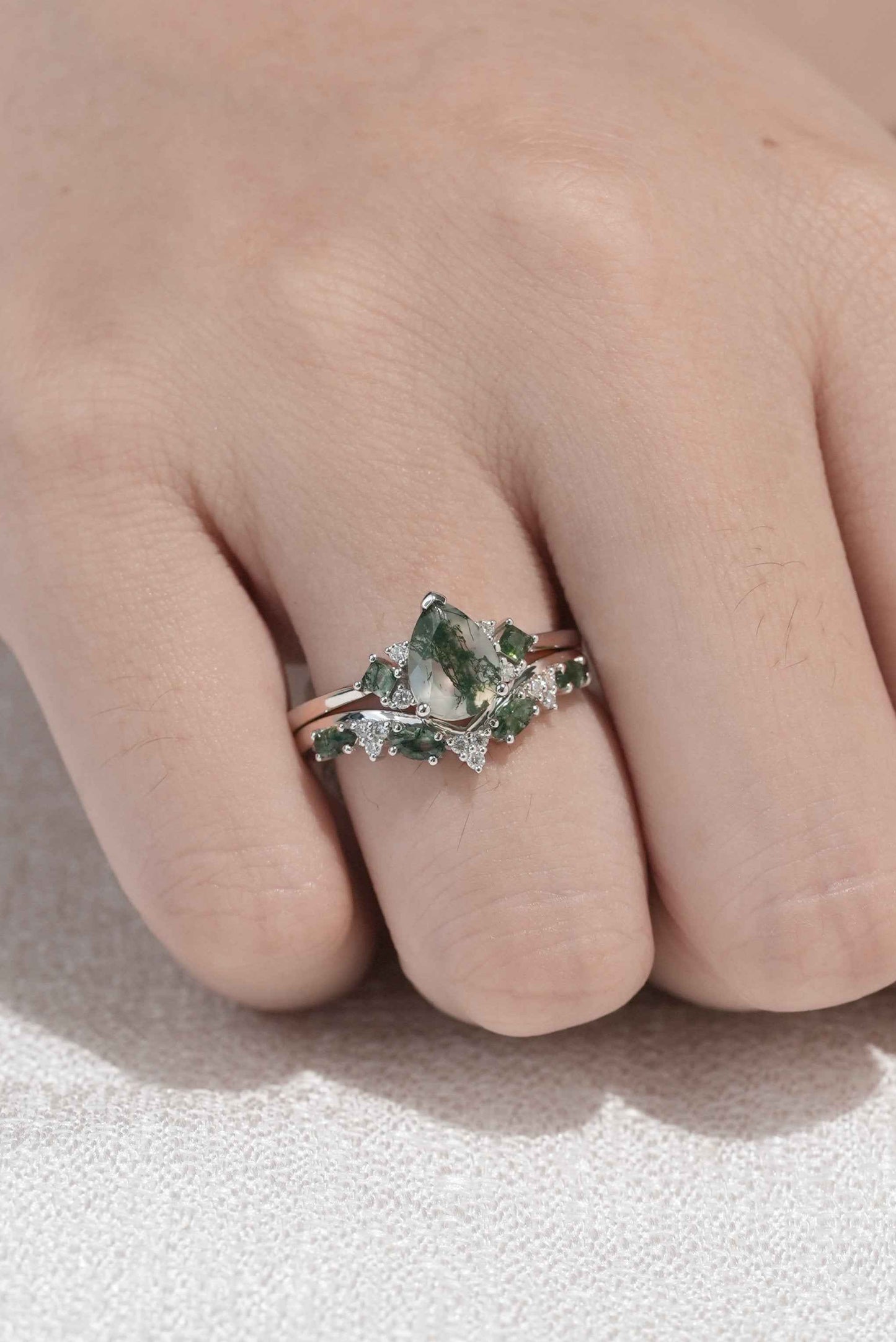 Cluster Pear Cut Moss Agate Seven Stones Ring Set 2pcs