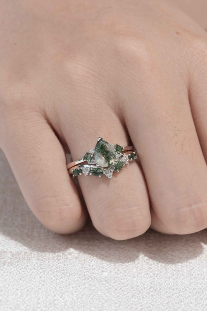 Cluster Pear Cut Moss Agate Seven Stones Ring Set 2pcs