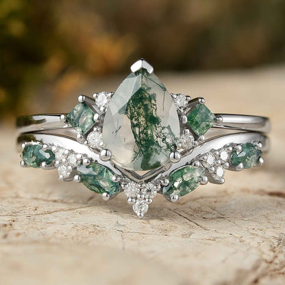 Cluster Pear Cut Moss Agate Seven Stones Ring Set 2pcs