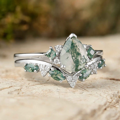 Cluster Pear Cut Moss Agate Seven Stones Ring Set 2pcs