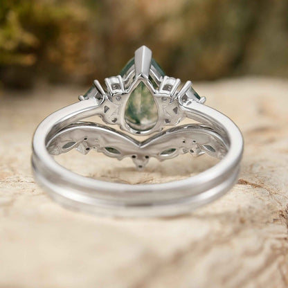 Cluster Pear Cut Moss Agate Seven Stones Ring Set 2pcs