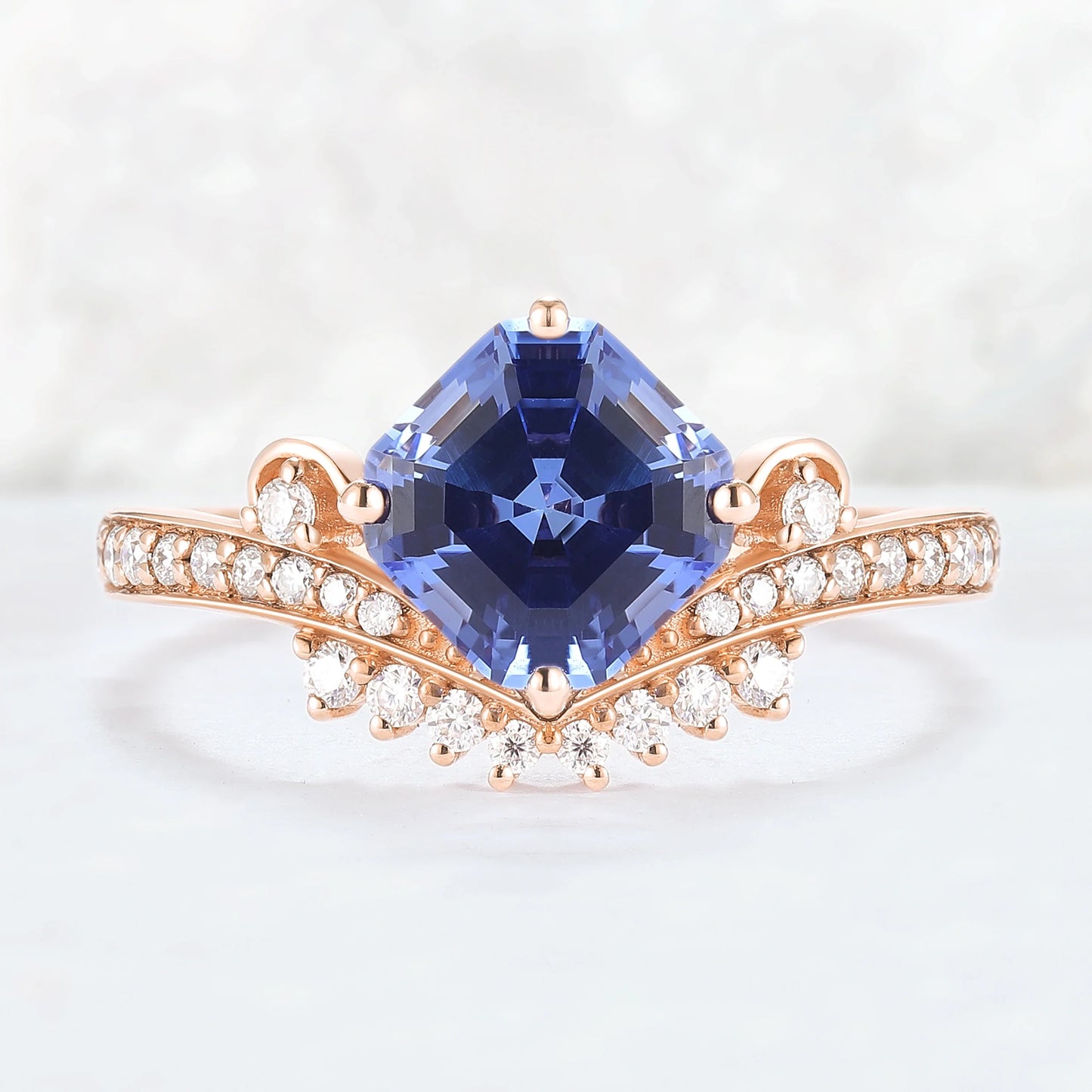 Cluster Asscher Cut  Cornflower Sapphire Gemstone Ring