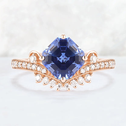 Cluster Asscher Cut  Cornflower Sapphire Gemstone Ring