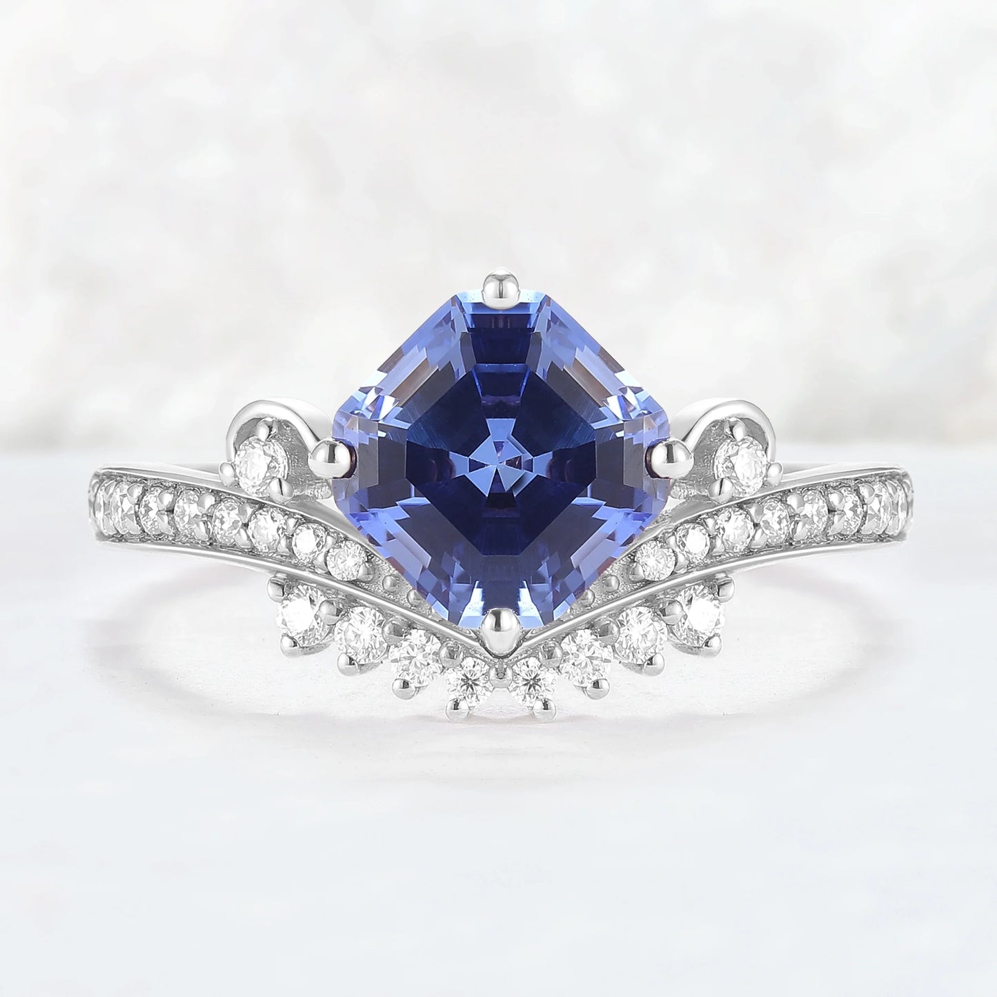 Cluster Asscher Cut  Cornflower Sapphire Gemstone Ring