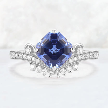 Cluster Asscher Cut  Cornflower Sapphire Gemstone Ring