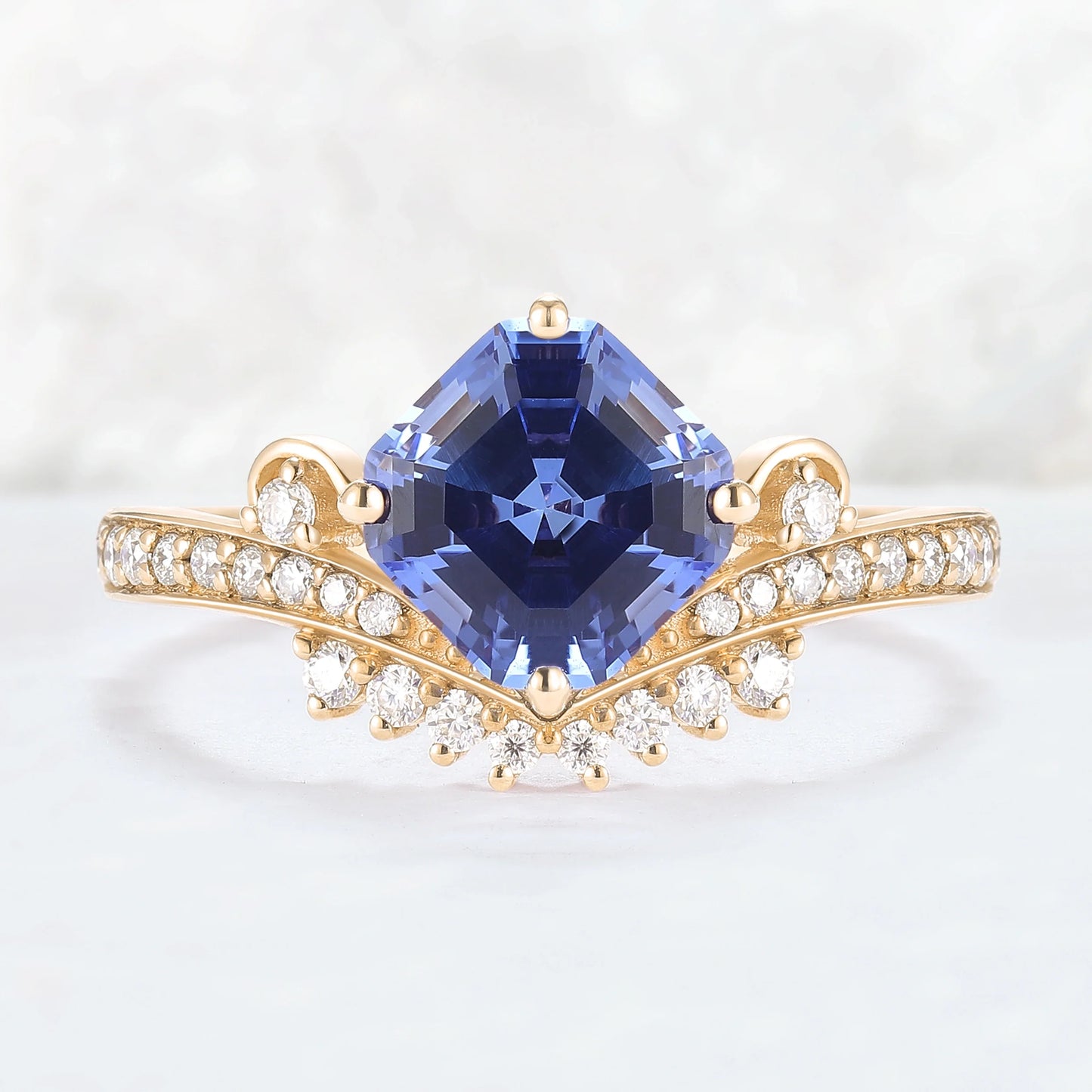 Cluster Asscher Cut  Cornflower Sapphire Gemstone Ring