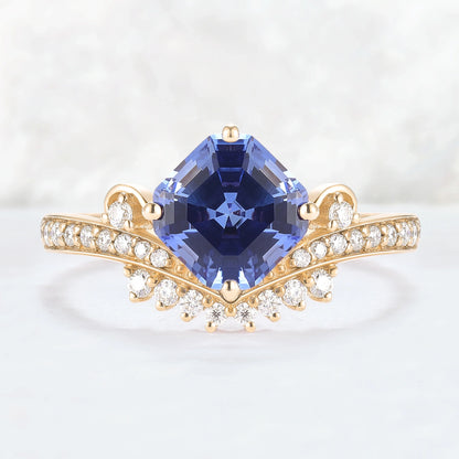 Cluster Asscher Cut  Cornflower Sapphire Gemstone Ring