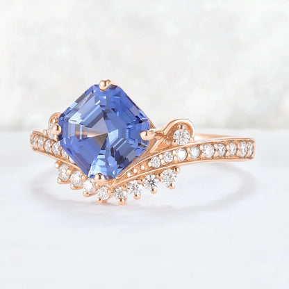 Cluster Asscher Cut  Cornflower Sapphire Gemstone Ring