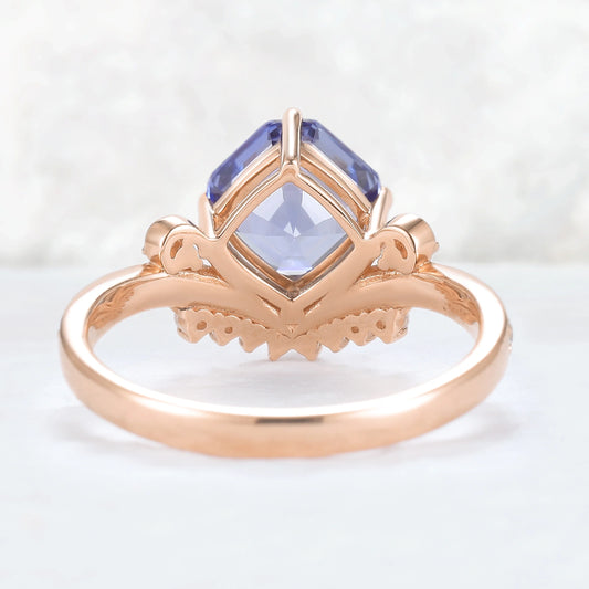 Cluster Asscher Cut  Cornflower Sapphire Gemstone Ring