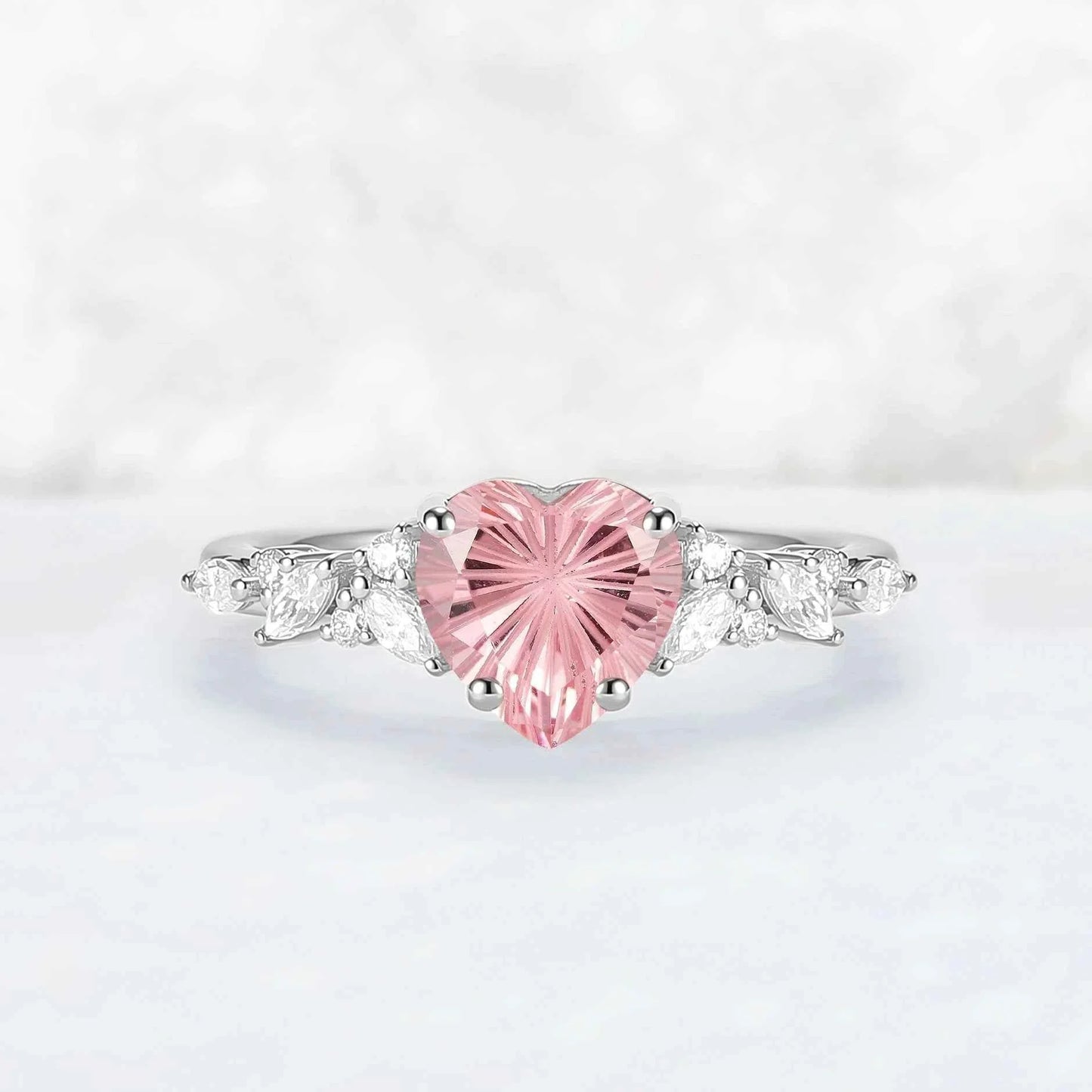 Cluster Fire Cut Heart Shaped Lab Pink Sapphire Leafy Engagement Ring