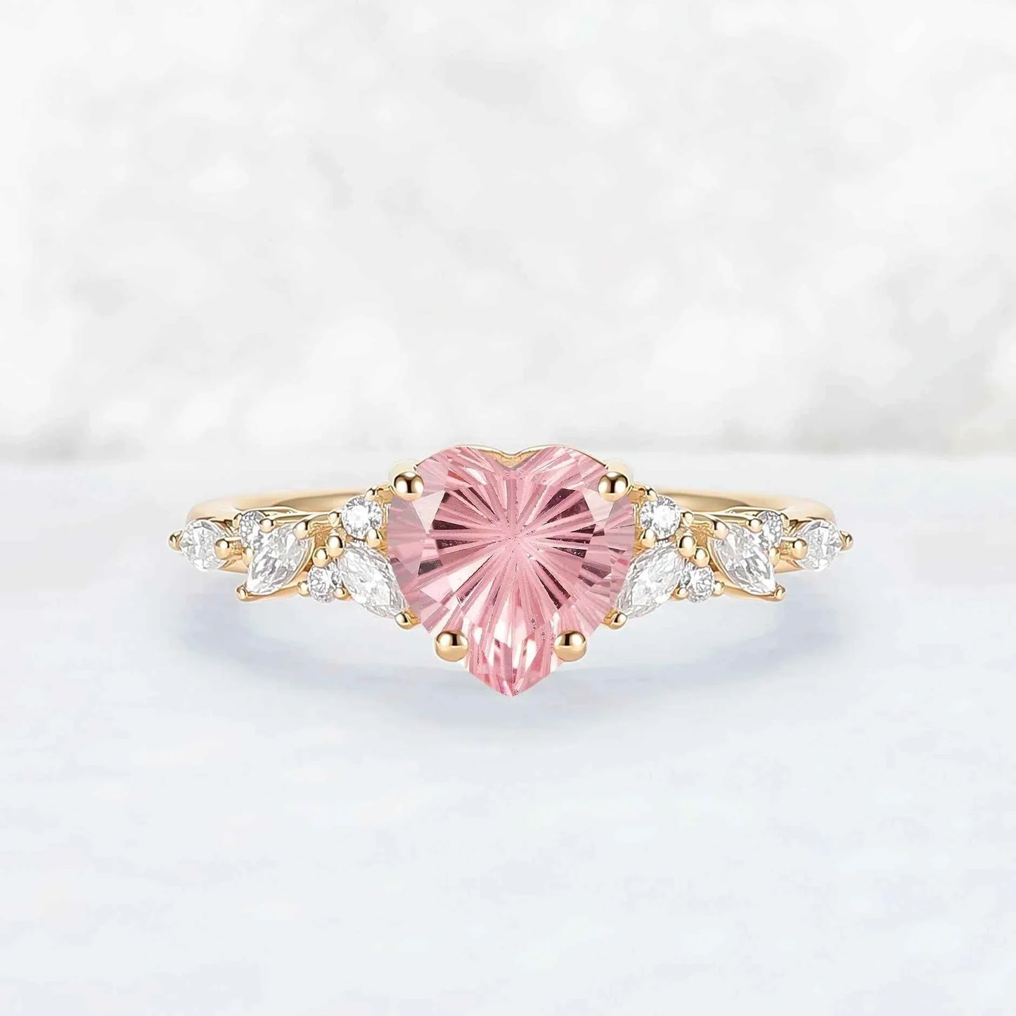 Cluster Fire Cut Heart Shaped Lab Pink Sapphire Leafy Engagement Ring
