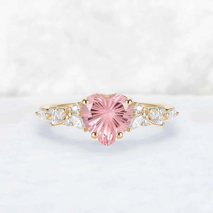 Cluster Fire Cut Heart Shaped Lab Pink Sapphire Leafy Engagement Ring
