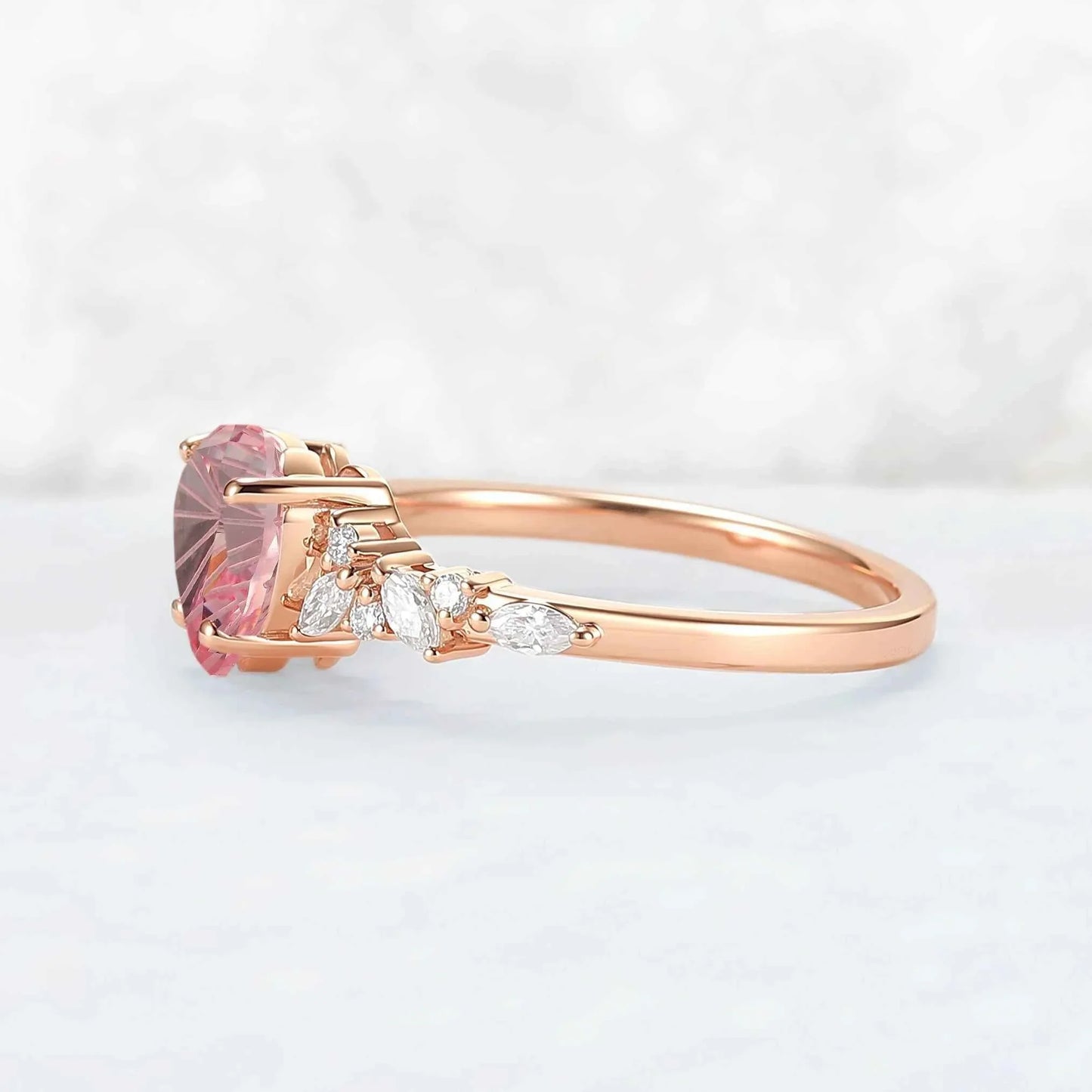 Cluster Fire Cut Heart Shaped Lab Pink Sapphire Leafy Engagement Ring