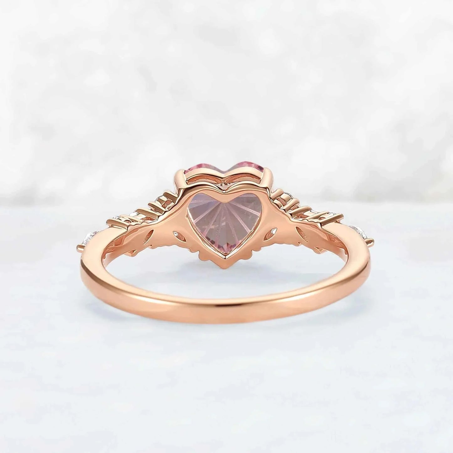 Cluster Fire Cut Heart Shaped Lab Pink Sapphire Leafy Engagement Ring