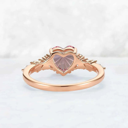 Cluster Fire Cut Heart Shaped Lab Pink Sapphire Leafy Engagement Ring
