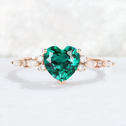Cluster Heart Cut Emerald Gemstone Ring