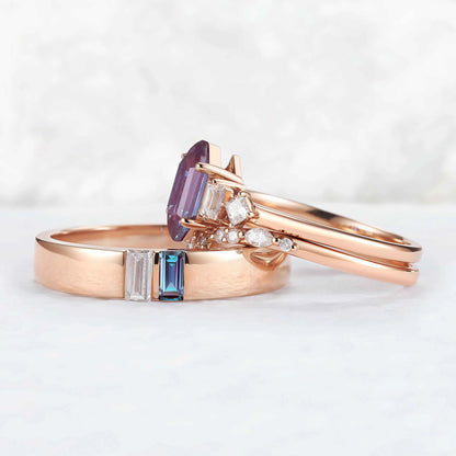 Cluster Hexagon Cut Alexandrite Couple Ring - Eternal Bond