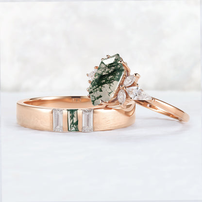 Cluster Hexagon Cut Moss Agate Couple Ring - Eternal Bond
