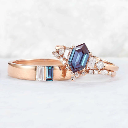 Cluster Hexagon Cut Alexandrite Couple Ring - Eternal Bond