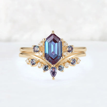 Cluster Hexagon Cut Alexandrite Seven Stone Gemstone Ring Set 2pcs