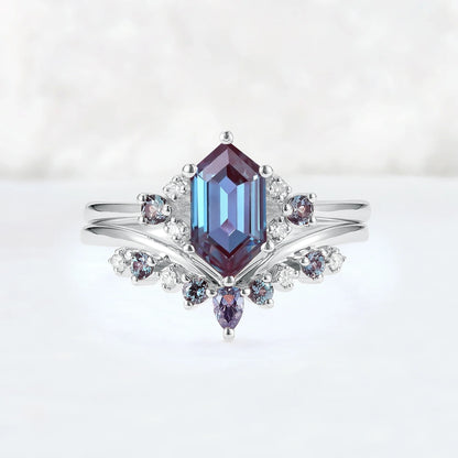 Cluster Hexagon Cut Alexandrite Seven Stone Gemstone Ring Set 2pcs