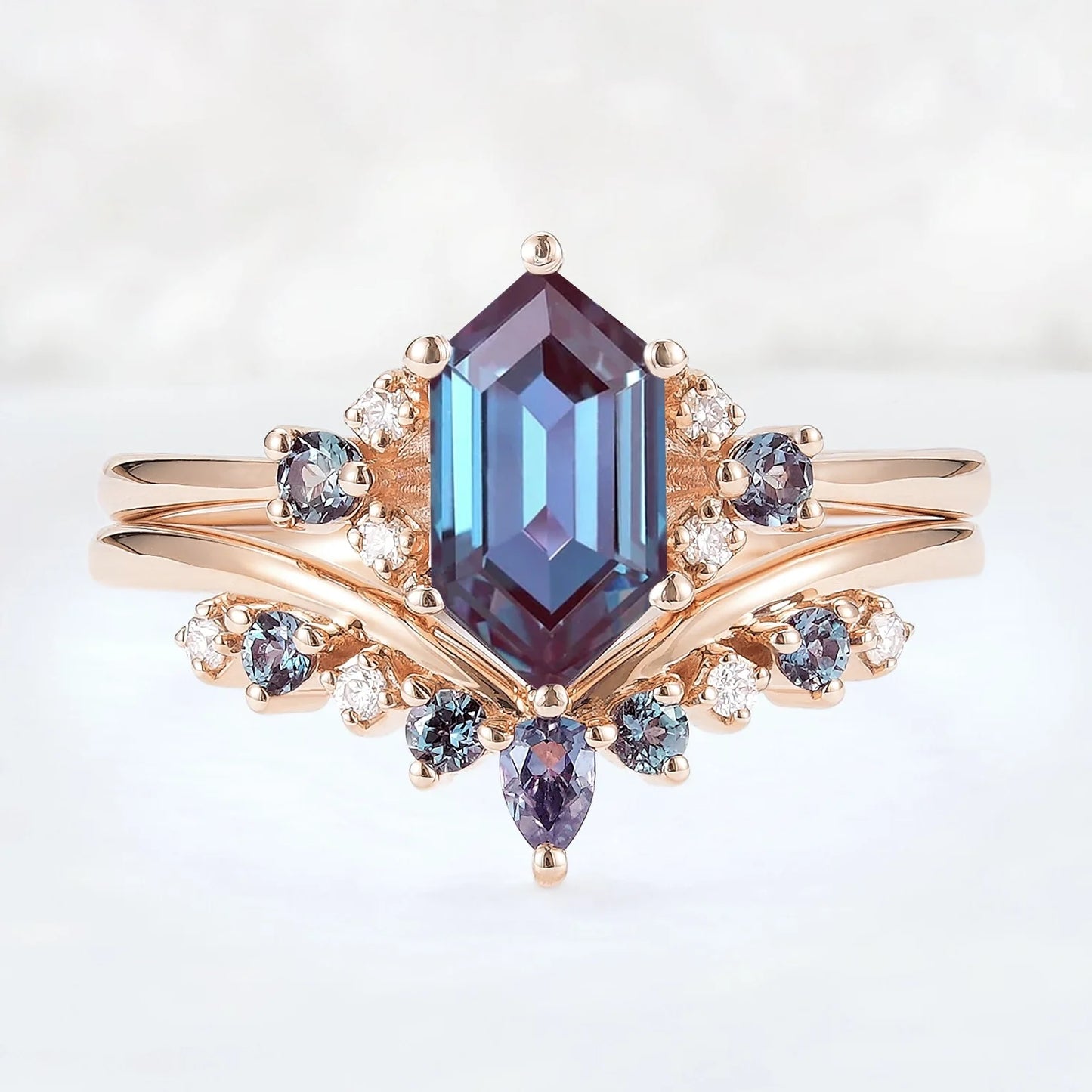 Cluster Hexagon Cut Alexandrite Seven Stone Gemstone Ring Set 2pcs