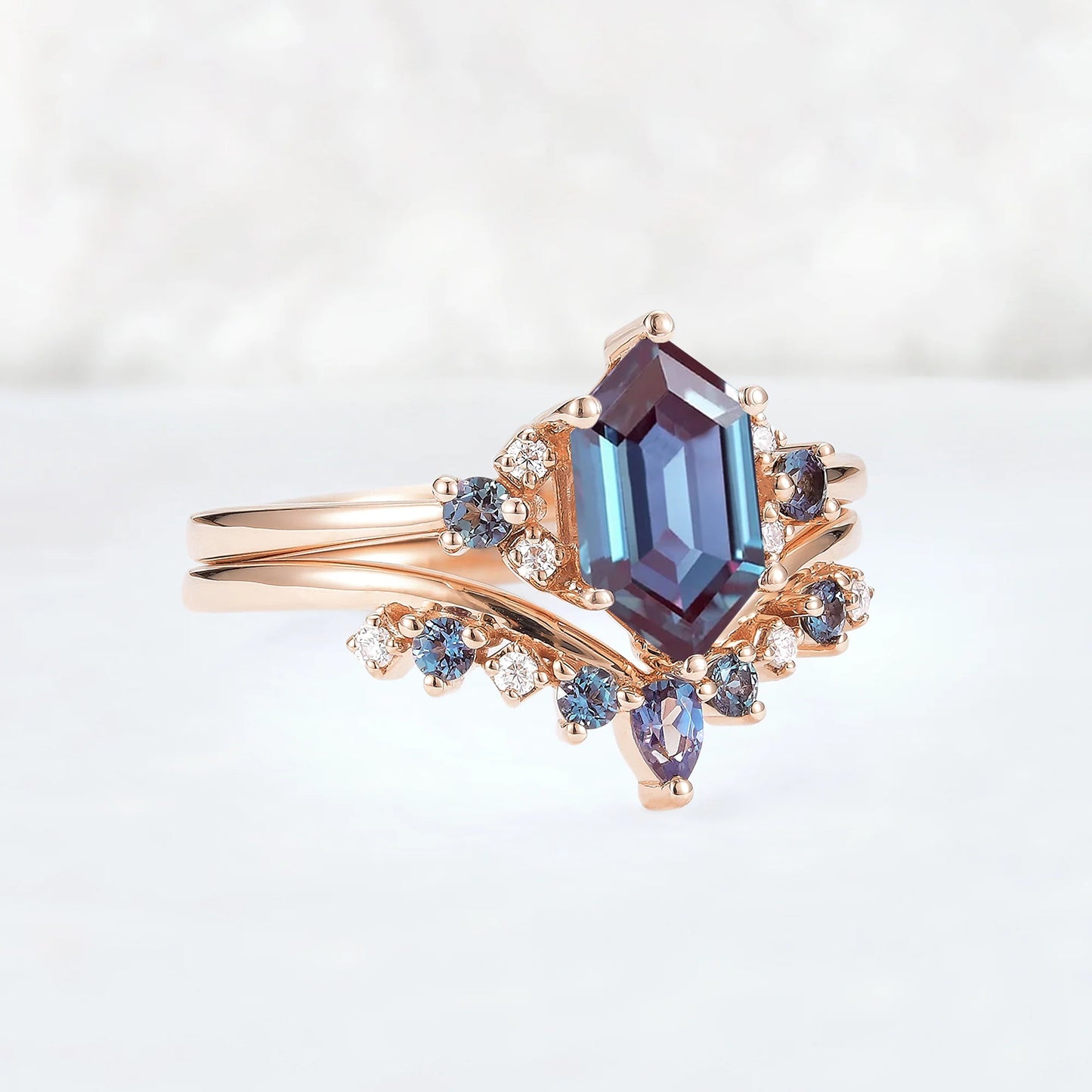 Cluster Hexagon Cut Alexandrite Seven Stone Gemstone Ring Set 2pcs