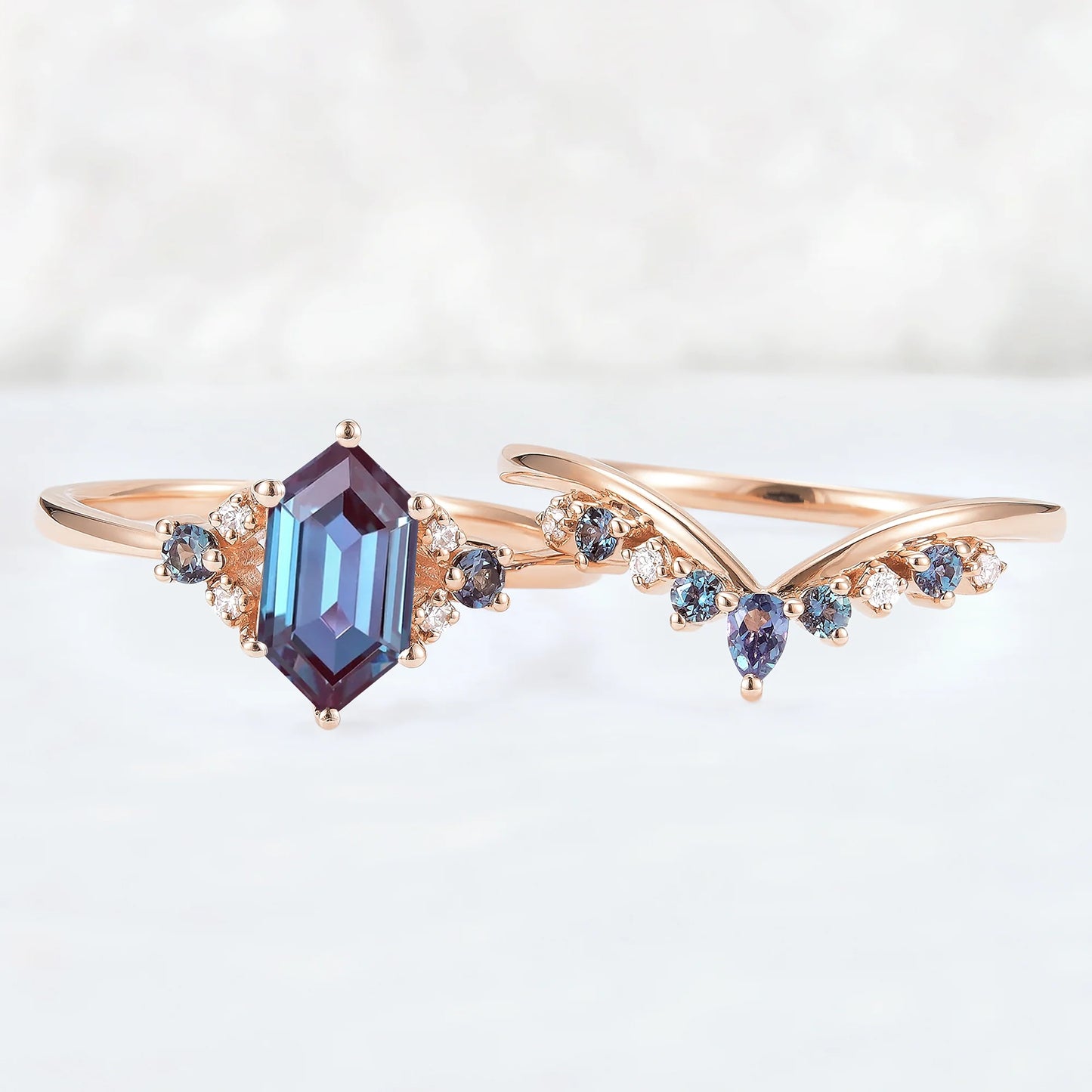 Cluster Hexagon Cut Alexandrite Seven Stone Gemstone Ring Set 2pcs