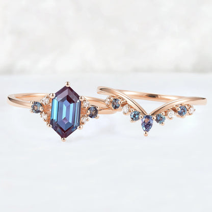 Cluster Hexagon Cut Alexandrite Seven Stone Gemstone Ring Set 2pcs