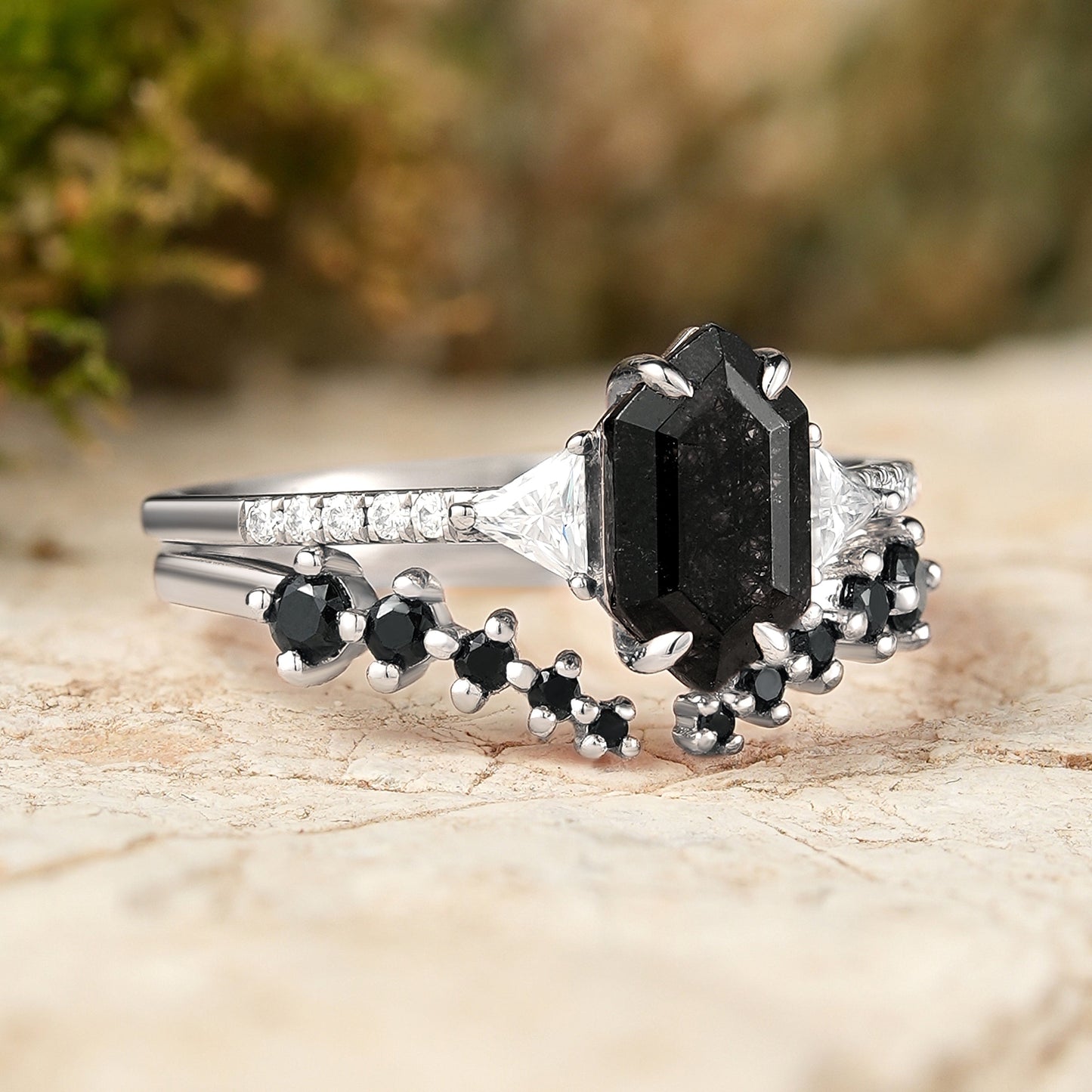 Cluster Hexagon Cut Black Rutilated Quartz Half  Enternity Silver Ring Set 2pcs