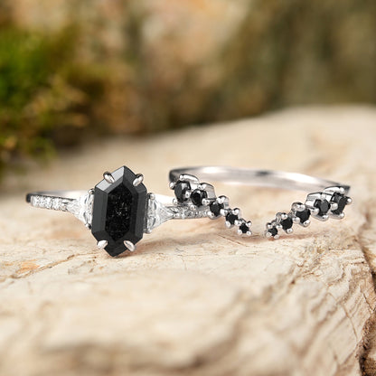 Cluster Hexagon Cut Black Rutilated Quartz Half  Enternity Ring Set 2pcs