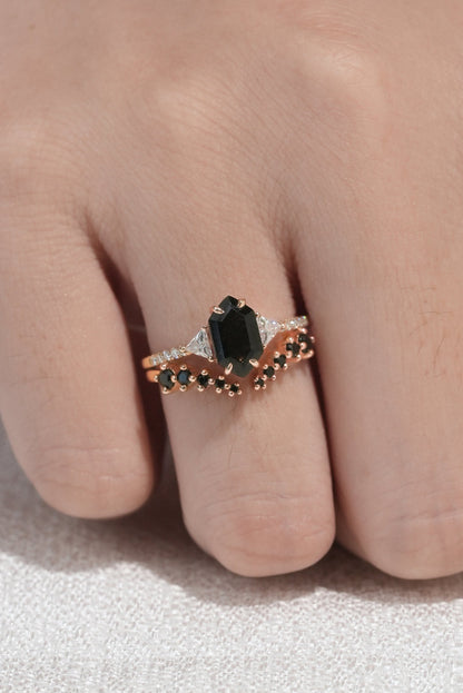 Cluster Hexagon Cut Black Rutilated Quartz Half  Enternity Silver Ring Set 2pcs