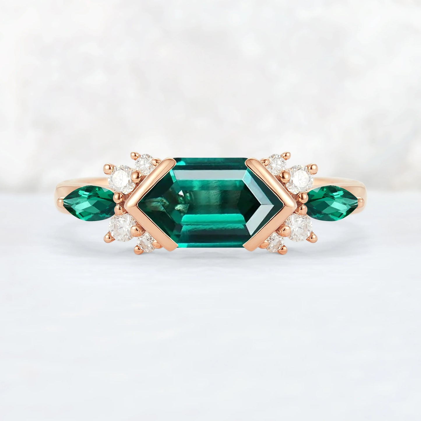 Cluster Hexagon Cut Emerald Bezel 14K Yellow Gold  Gemstone Ring
