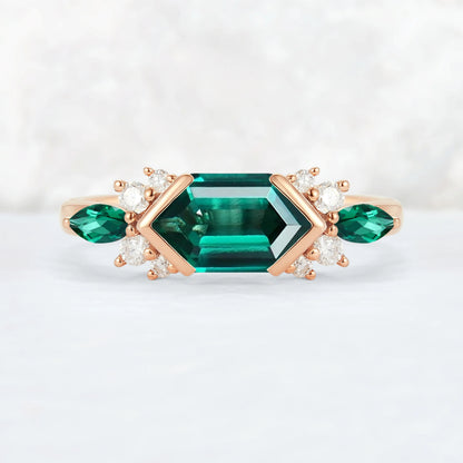 Cluster Hexagon Cut Emerald Bezel 14K Yellow Gold  Gemstone Ring