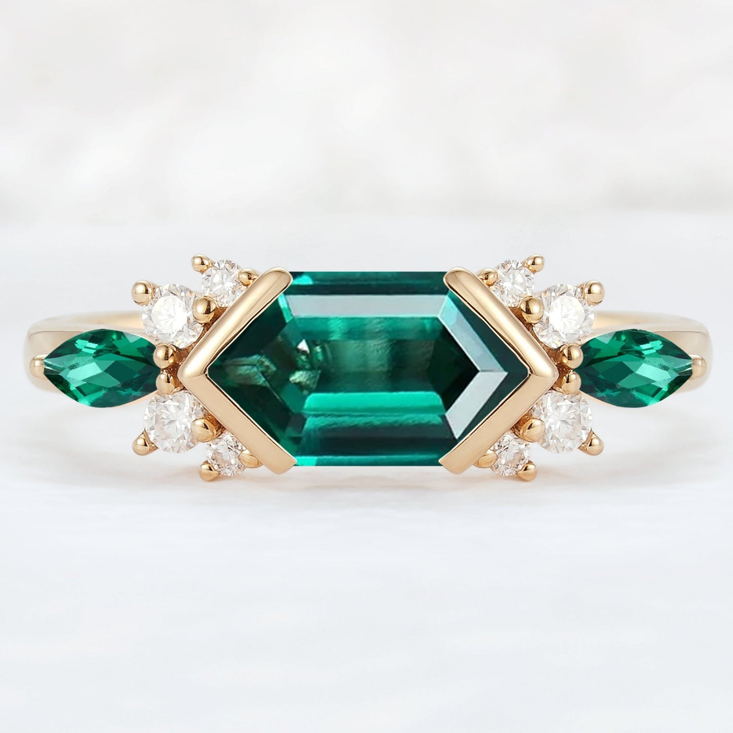 Cluster Hexagon Cut Emerald Bezel 14K Yellow Gold  Gemstone Ring