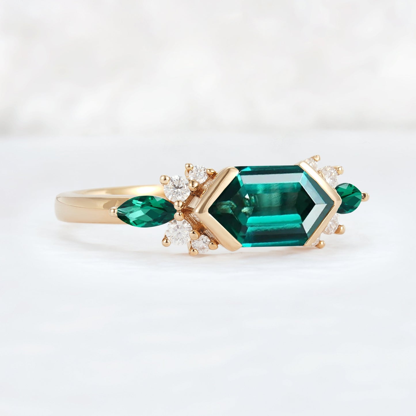 Cluster Hexagon Cut Emerald Bezel 14K Yellow Gold  Gemstone Ring