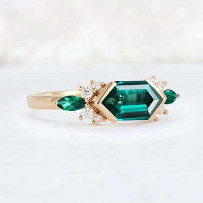 Cluster Hexagon Cut Emerald Bezel 14K Yellow Gold  Gemstone Ring