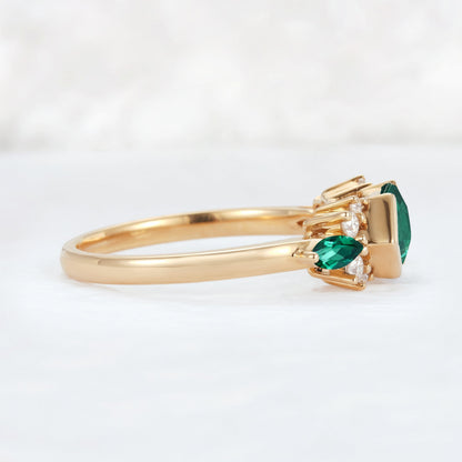 Cluster Hexagon Cut Emerald Bezel 14K Yellow Gold  Gemstone Ring