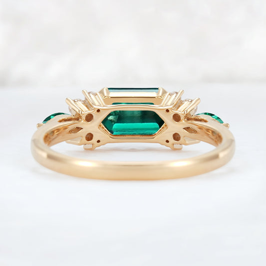 Cluster Hexagon Cut Emerald Bezel 14K Yellow Gold  Gemstone Ring
