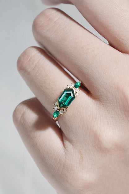 Cluster Hexagon Cut Emerald Bezel 14K Yellow Gold  Gemstone Ring