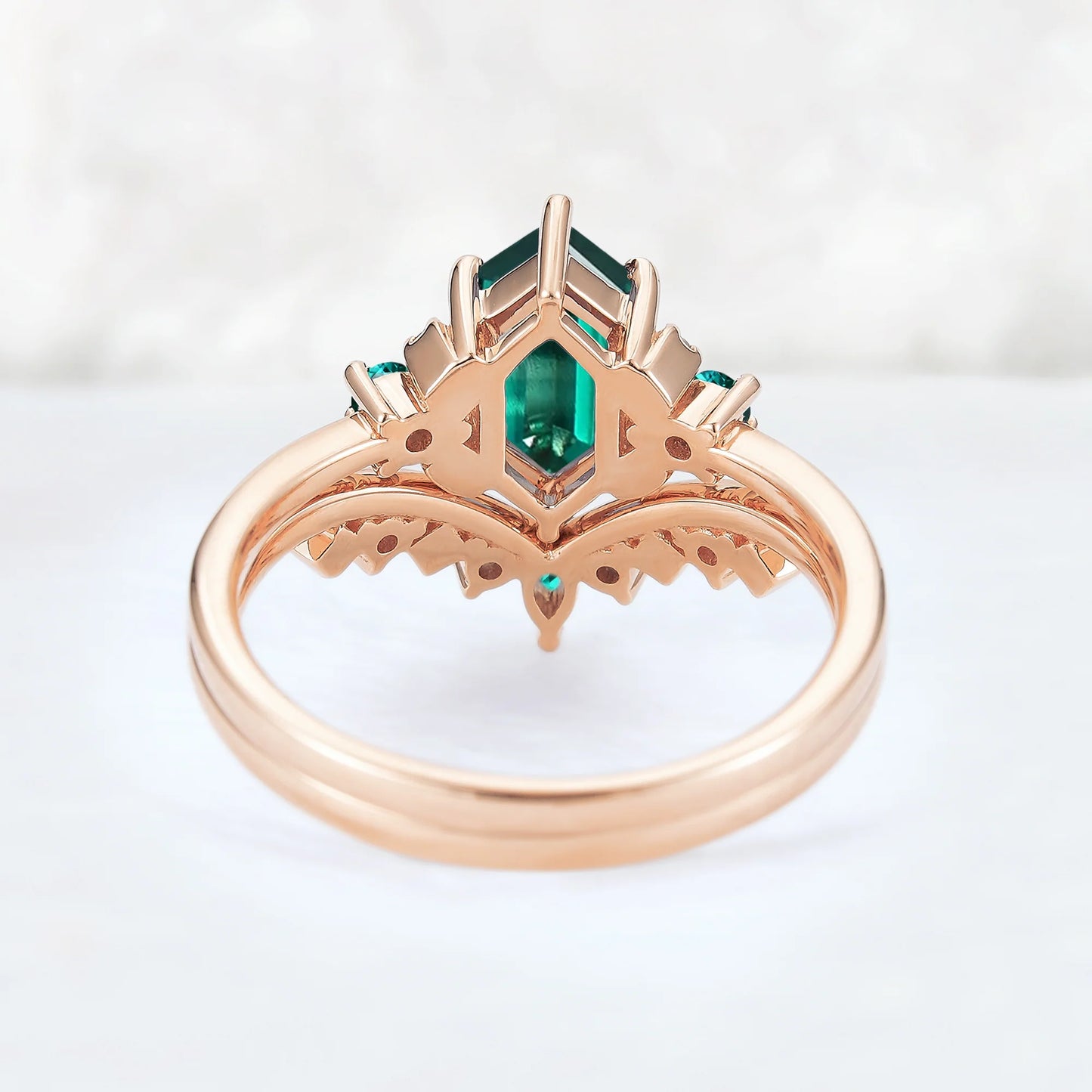 Cluster Hexagon Cut Emerald Seven Stone Ring Set 2pcs