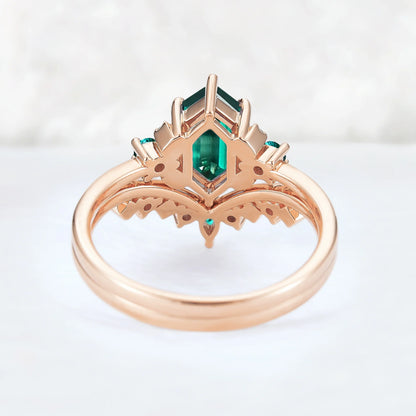 Cluster Hexagon Cut Emerald Seven Stone Ring Set 2pcs