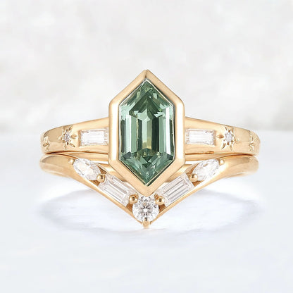 Cluster Hexagon Cut Green Sapphire Gemstone Ring Set 2pcs