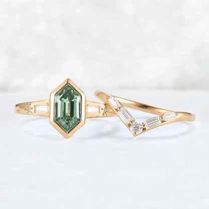 Cluster Hexagon Cut Green Sapphire Gemstone Ring Set 2pcs
