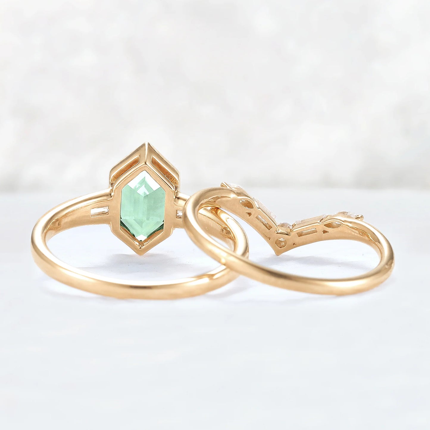 Cluster Hexagon Cut Green Sapphire Gemstone Ring Set 2pcs