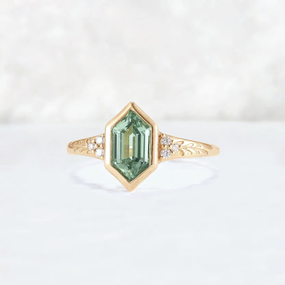 Cluster Hexagon Cut Green Sapphire Seven Gemstone Ring
