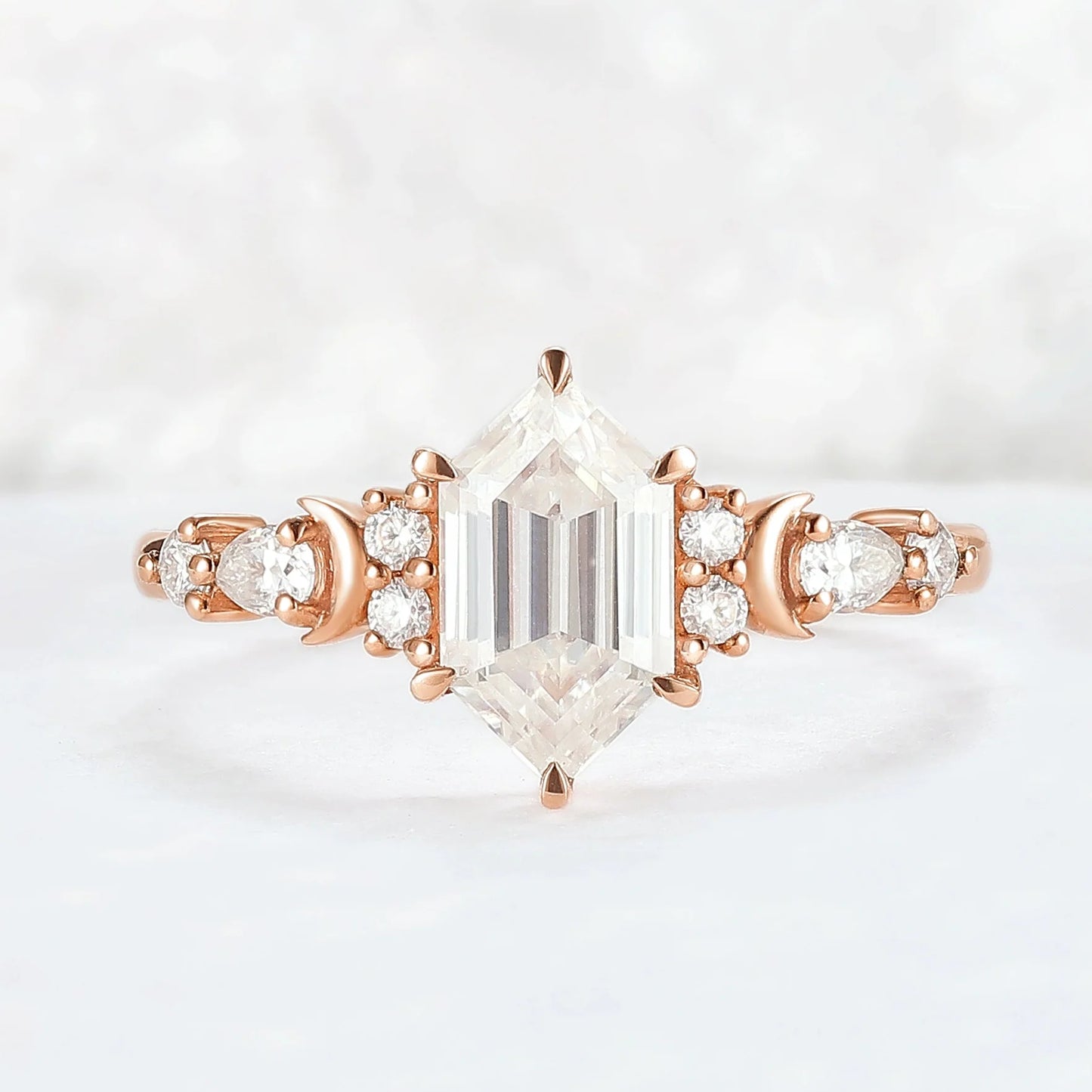 Cluster Hexagon Cut Moissanite Moon Gemstone Ring